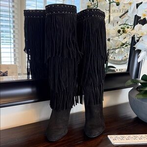 Black Fringe Knee-High Boots by INC